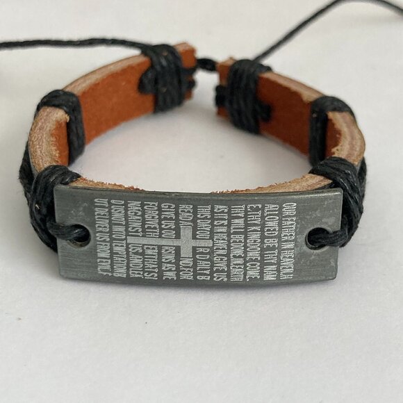 Vintage The Lords Prayer Leather Bracelet Mens Womens Adjustable Rope Catholic - Picture 2 of 10
